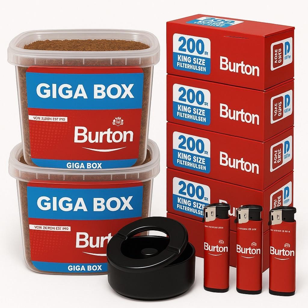 Burton Angebotspaket - 2x 5XL Box 400g á 75,00 EUR  + 5x 200 Hülsen + 3x Burton Feuerzeug + 1 Windascher