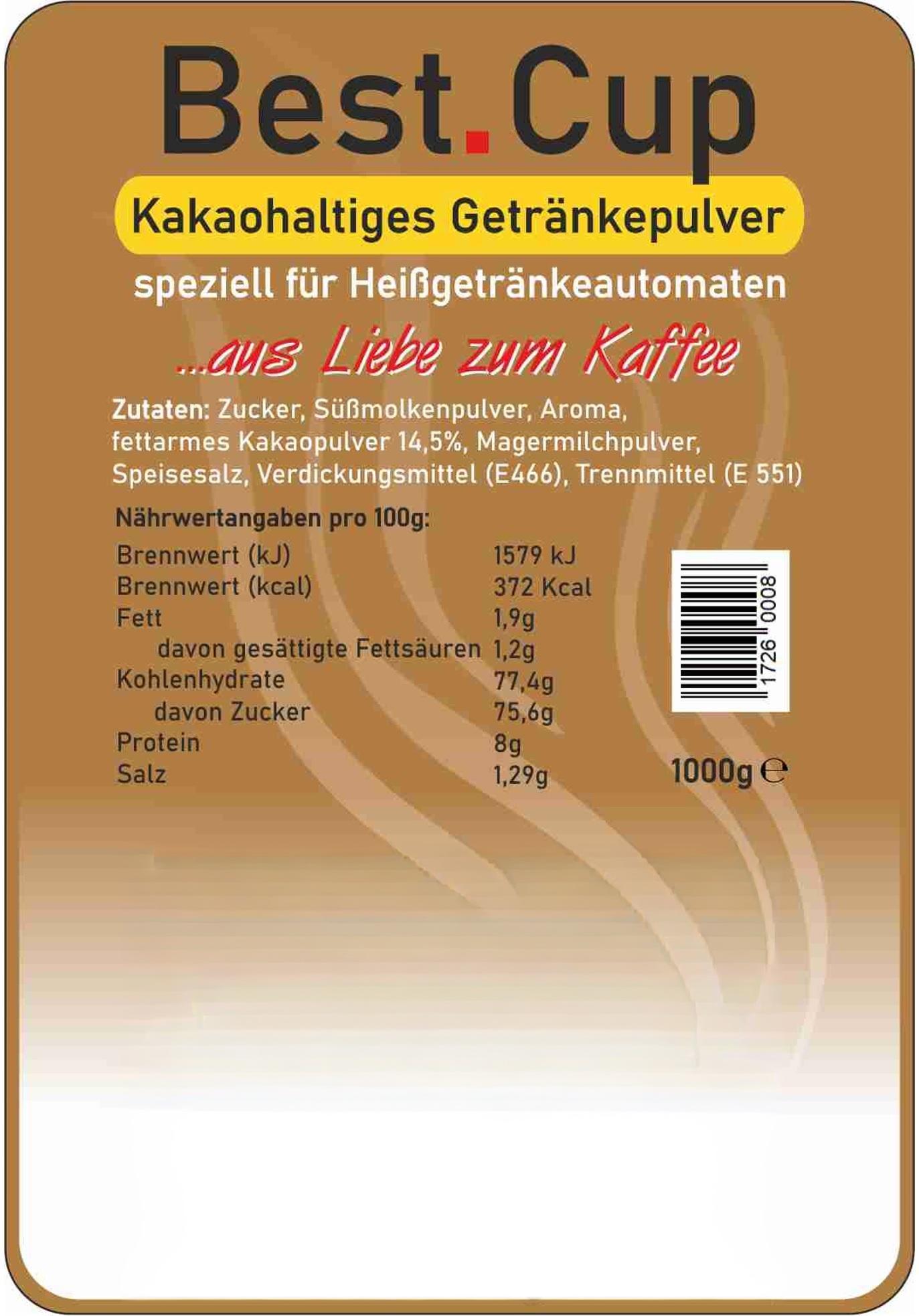 Best.Cup Kakaohaltiges Getränkepulver für Heißgetränkeautomaten 1000g Beutel