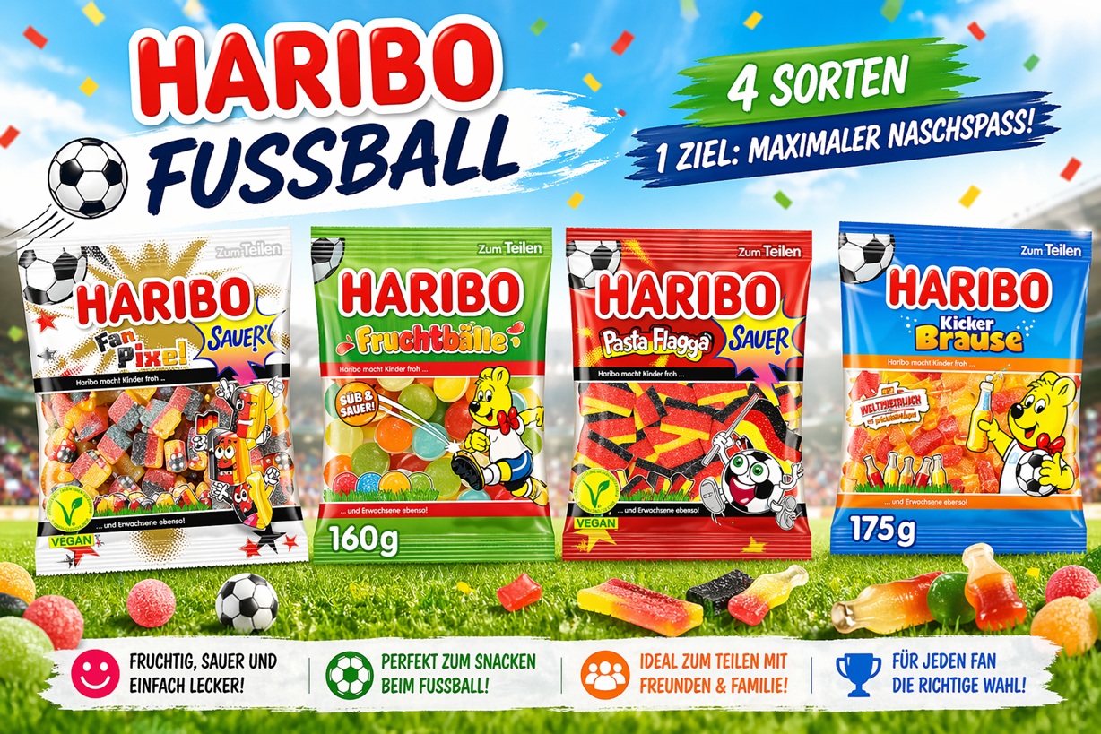 Vier Sorten Haribo Beutel zur Fußball WM