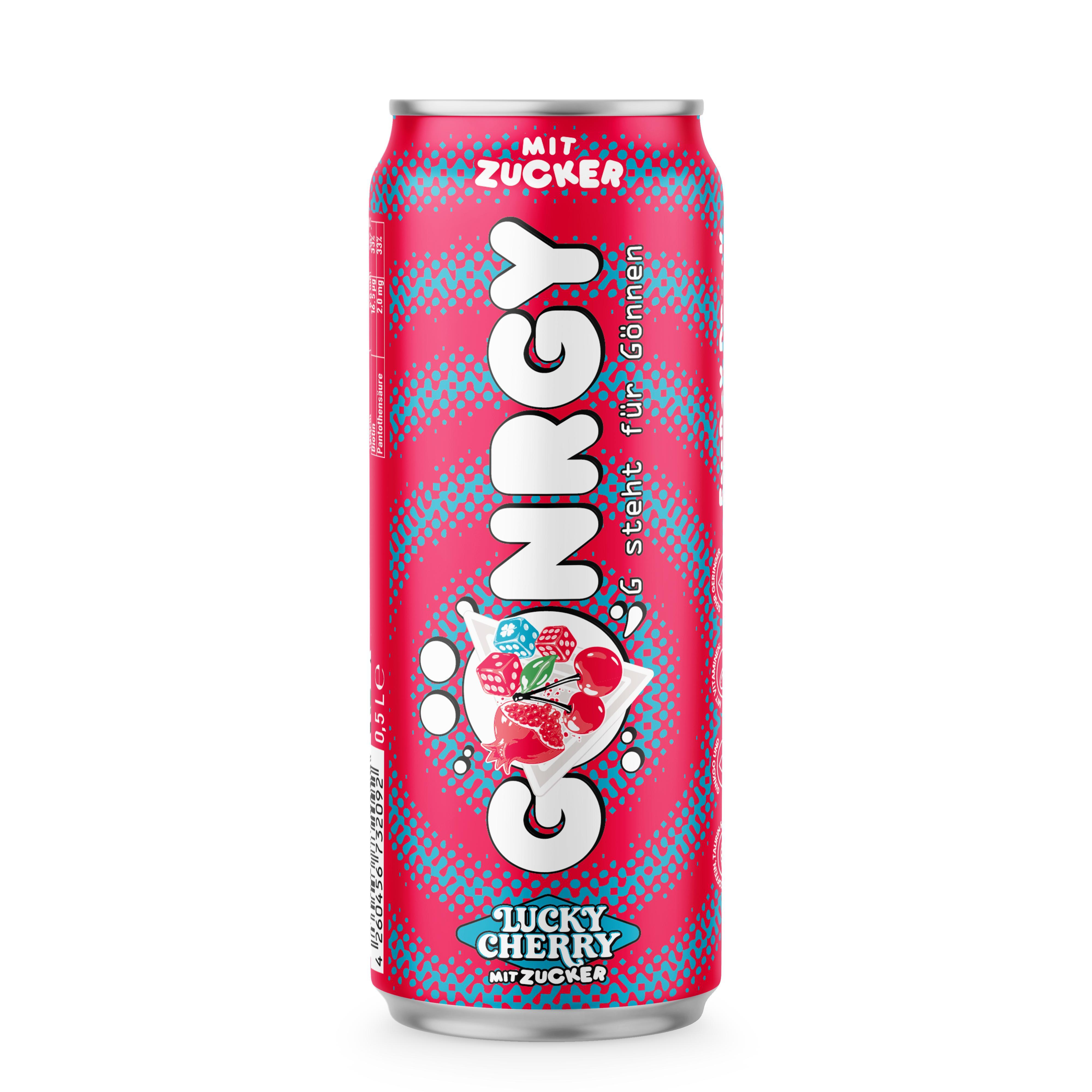 Gönrgy Lucky Cherry mit Zucker 24x0,5l Dose, Energy Drink mit Kirsch Granatapfel Geschmack