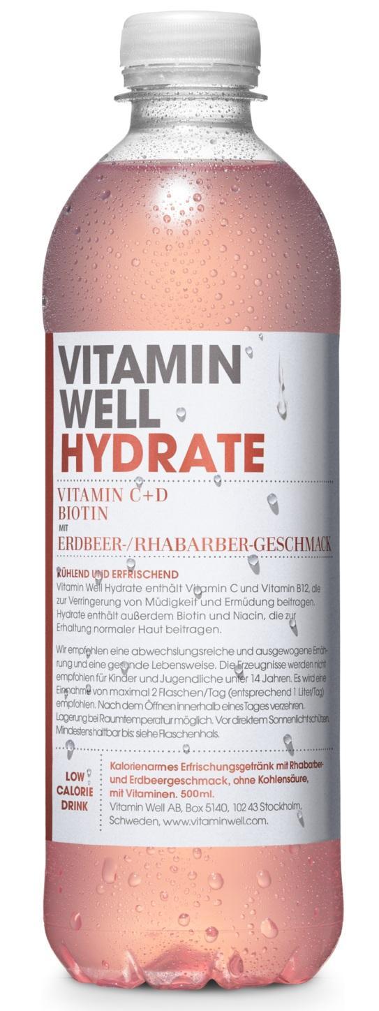 Vitamin Well Hydrate 12x0,5l Flaschen, Vitaminwasser mit Erdbeer-Rhabarber-Geschmack
