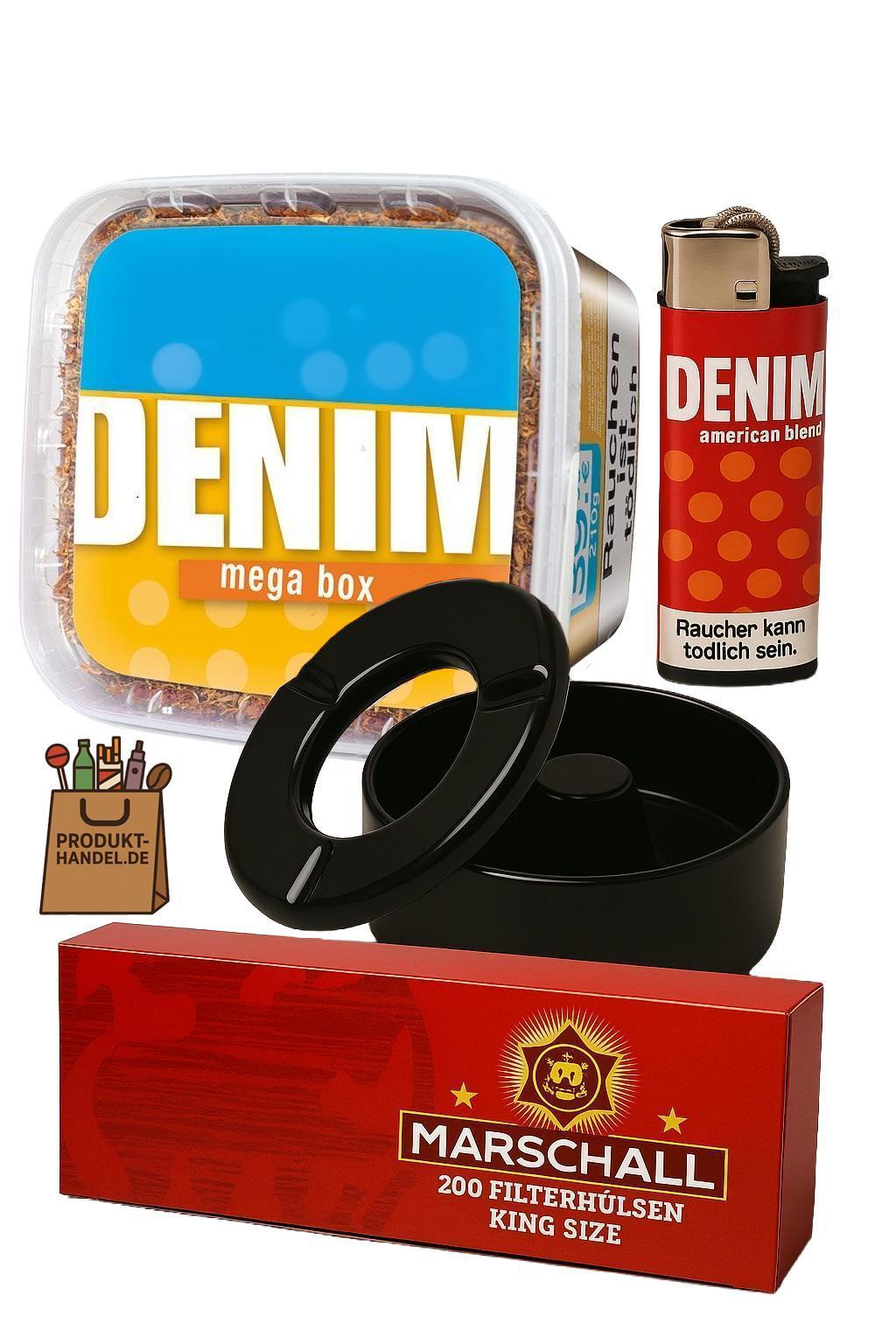 Denim Angebotspaket - 3 Boxen á 4XL Box 210g (39,95 Euro) + 5 Marschall Red 200er Hülsen, 3 Denim Feuerzeuge, 1 Windascher schwarz