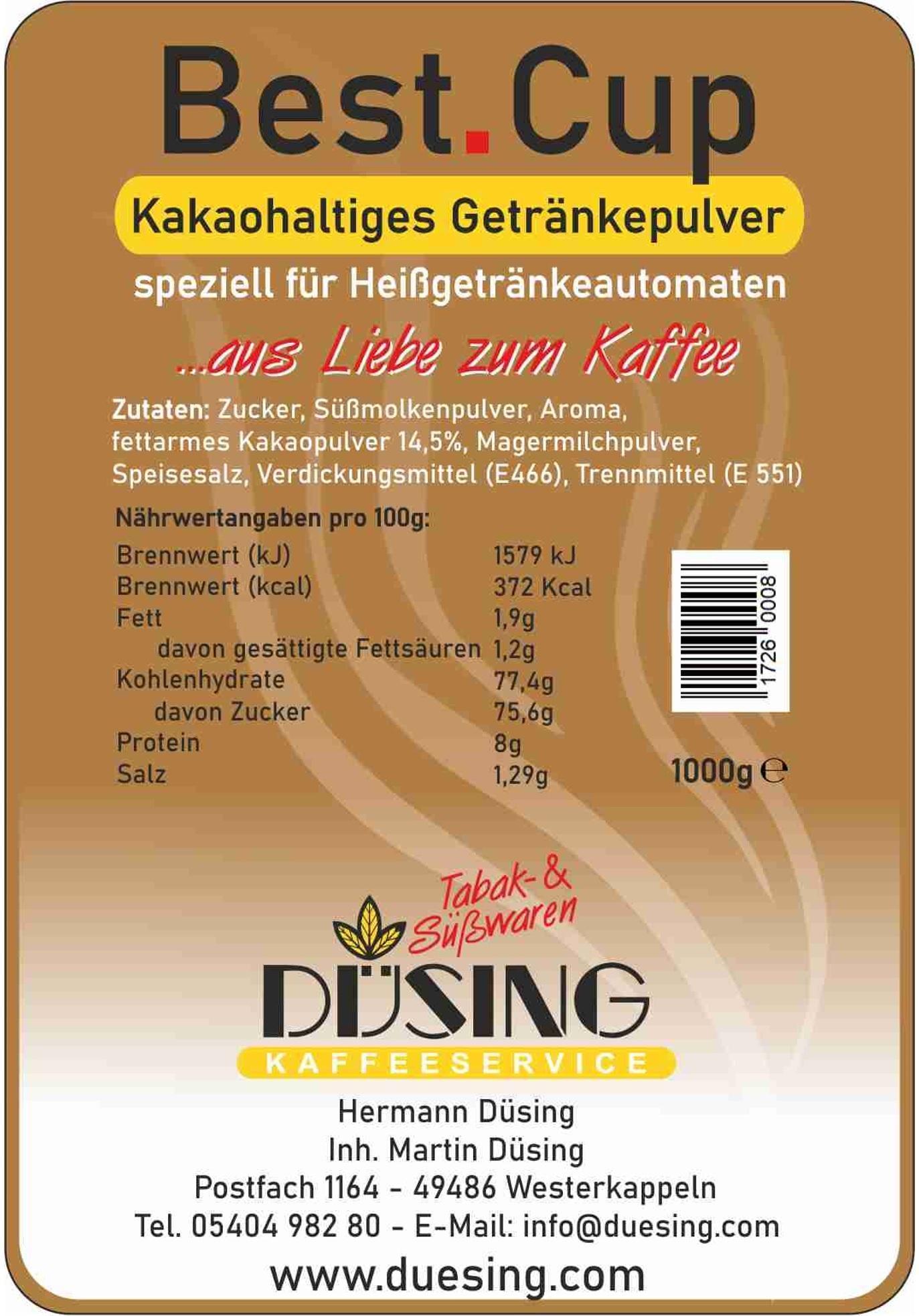 Best.Cup Kakaohaltiges Getränkepulver für Heißgetränkeautomaten 1000g Beutel
