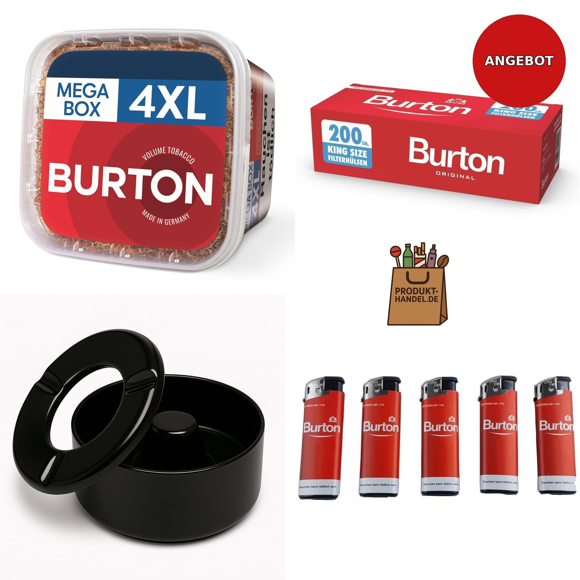 Burton Angebotspaket - 3x  4XL Mega Box á 250g á 49,95 Euro + 5x 200 Hülsen + 5x Burton Feuerze