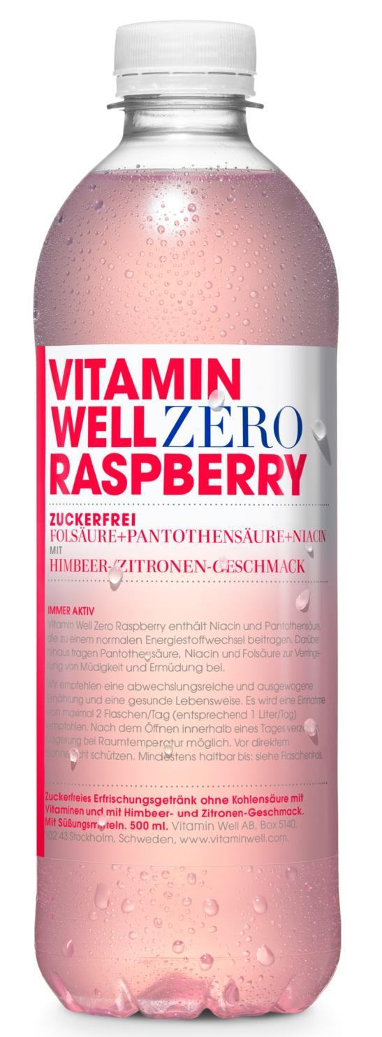 Vitamin Well Zero Raspberry 12x0,5l Flaschen, Zuckerfreies Vitamingetränk mit Himbeer-Zitronen-Geschmack