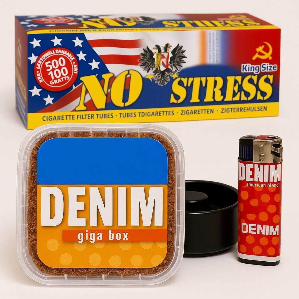 Denim Angebotspaket 1x 5XL Box 315g á 60,00 Euro + 2 No Stress 500er Hülsen, 3 Denim Feuerzeuge, 1 Windascher schwarz